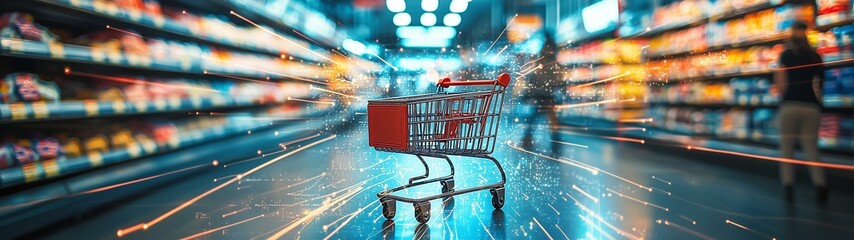 Shopping frenzy in retail store dynamic cart scene urban supermarket digital artwork vibrant wide-angle view consumerism concept