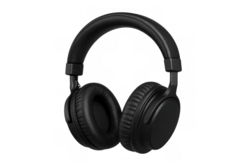 Modern black wireless headphones floating on a transparent background, perfect for music lovers and podcast enthusiasts