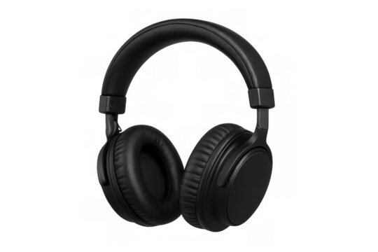 Modern black wireless headphones floating on a transparent background, perfect for music lovers and podcast enthusiasts