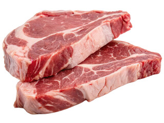 Fototapeta premium Two raw t-bone steak stacked irregularly isolated on white background. Suitable for marketing or business purposes. PNG file