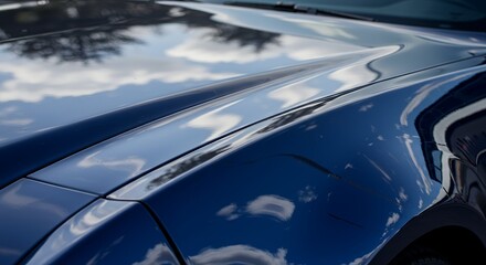 Obraz premium Deep Blue Automotive Elegance: A Close-Up of a Polished Car Hood and Fender