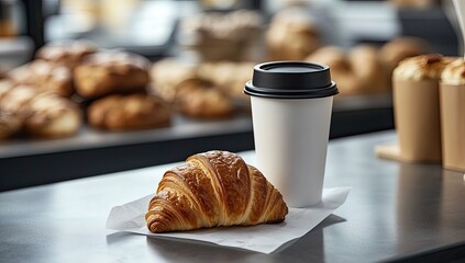 Buttery croissant rests beside a coffee cup on a counter, with more pastries in the background