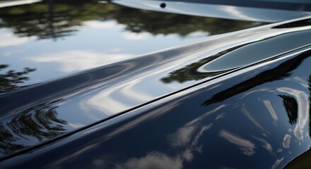 Deep Black Automotive Paint: A Reflection of Sky and Trees