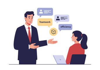 Man in suit presents ideas teamwork efficiency to woman at laptop