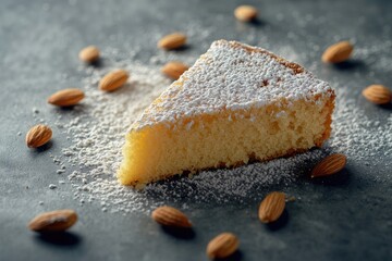 A slice of light, fluffy cake, dusted with powdered sugar and surrounded by almonds (1)