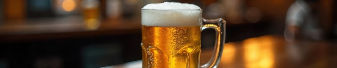 A frosty mug of light beer, condensation clinging to the glass, sits on a dark wooden bar top The beer is perfectly poured, with a thick, creamy head Enjoy the refreshing image!, brewpub, ale, dark