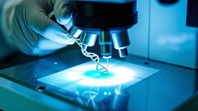 Dna examined under microscope in lab