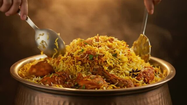 Steaming chicken biryani served