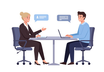 Two people sit at a table engaged in discussion with speech bubbles floating above them