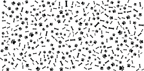 Cute Dog Paw Prints and Bones Pattern on White Background.