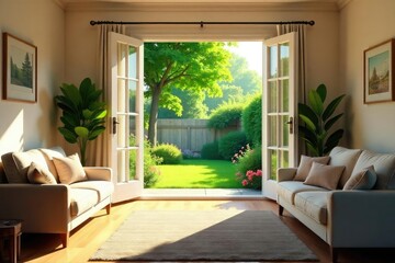 Fototapeta premium Relaxing summer day at home, sunlight streaming through windows illuminating a comfortable living room with open doors leading to a lush green backyard , cottage, garden