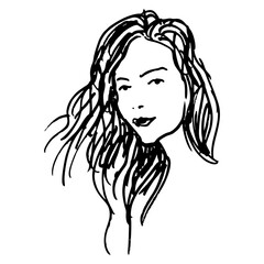 Portrait of a beautiful young lady with long loose hair. Hand drawn linear doodle rough sketch. Black and white silhouette.