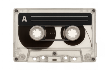 Transparent vintage audio cassette displaying analog music media against clean background, symbolizing nostalgic audio technology era