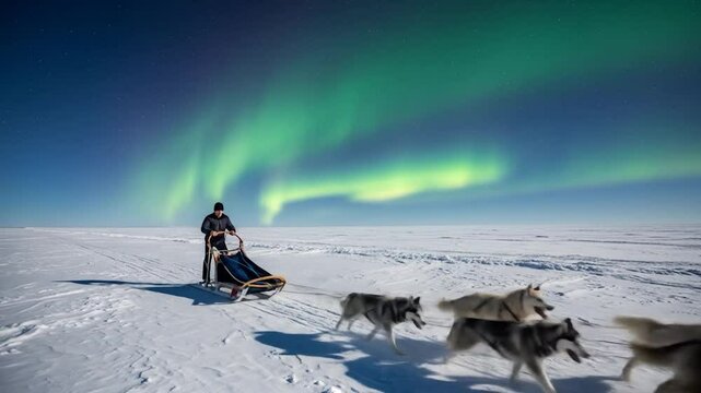 Dog sledding adventure under the Northern Lights: A thrilling winter journey across the snow-covered Arctic landscape.