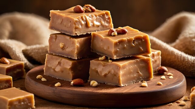 Creamy Penuche Fudge Squares with Caramel Swirls and Chopped Nuts on Wooden Board for National Penuche Fudge Day