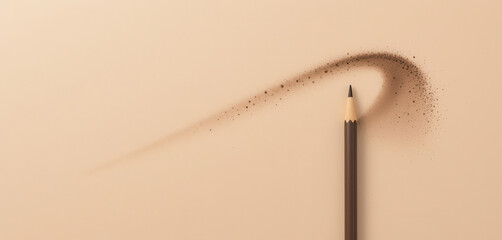 A brown pencil stands elegantly with a trail of delicate graphite particles curving gracefully on a soft, neutral beige background creating an artistic scene.