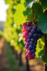 Sun-drenched grapes hang heavy on the vine, ready for harvest at a picturesque winery Lush foliage surrounds the rows of vines, promising a bountiful yield of exquisite wine , organic, agriculture