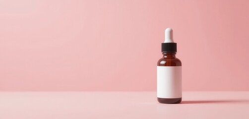 An amber glass dropper bottle with a blank white label stands against a pale pink background, showcasing a minimalist aesthetic for health and beauty products.