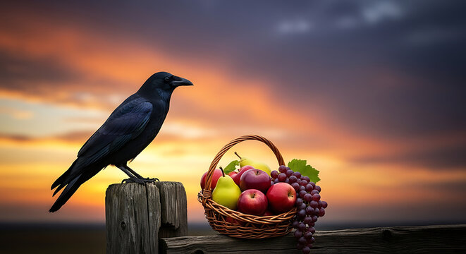 Majestic Raven and Bountiful Harvest Basket at Sunset A Serene Autumn Scene