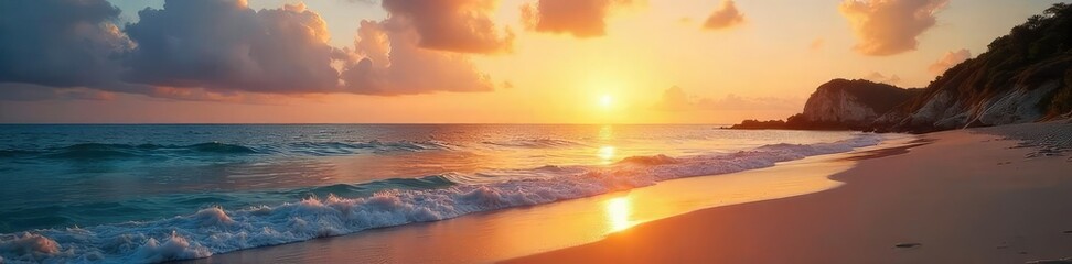 Obraz premium Serene seashore landscape at sunset, with golden light reflecting on calm waves and a tranquil sky Perfect for travel, nature, and relaxation themes , shoreline, natural beauty, blue sky