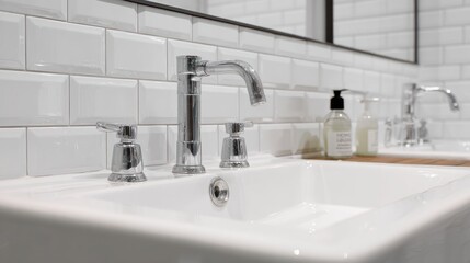 Modern bathroom sink with chrome faucet and white tile background
