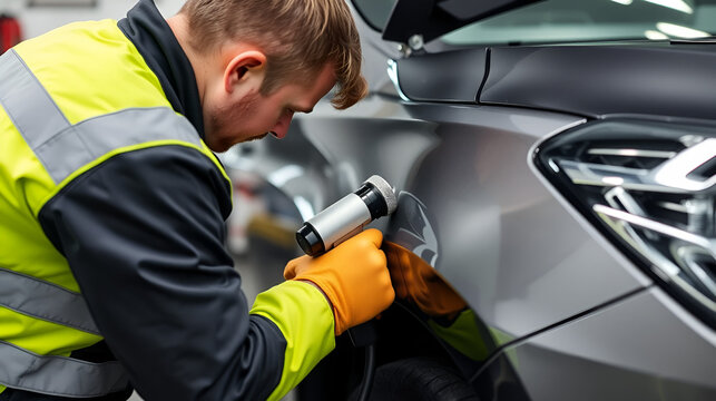 Expert mechanic skillfully removes dents from car body with spotter for quality repair and alignment - Powered by Adobe
