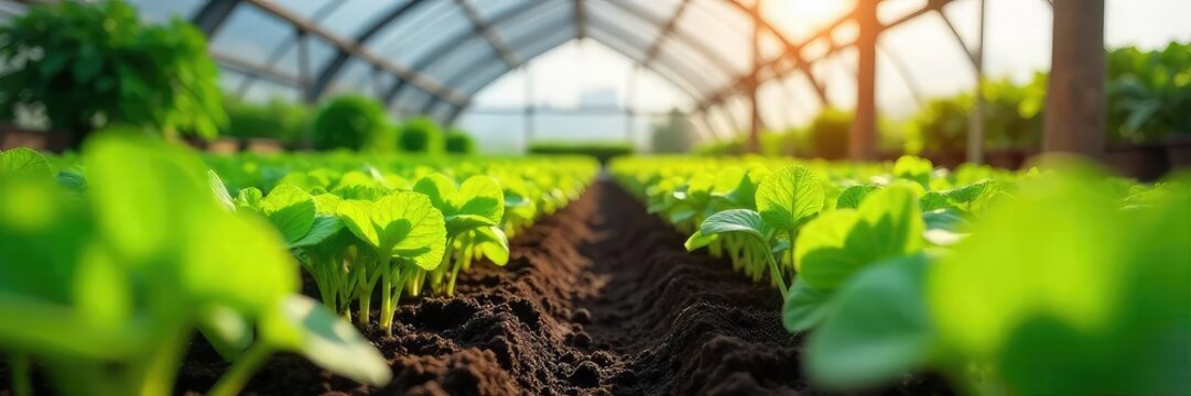 Rows of lush, healthy seedlings thrive under the controlled environment of a modern greenhouse plant nursery, ready for transplanting Sunlight streams through the glass roof , bud, sustainable - Powered by Adobe