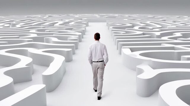 Business professional navigating complex maze labyrinth. Corporate decision making, strategy planning, problem solving concept. Man in suit walking through white geometric puzzle structure