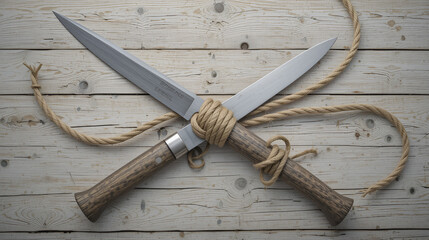 Top View of Rope Noose With Knife on Wooden Background