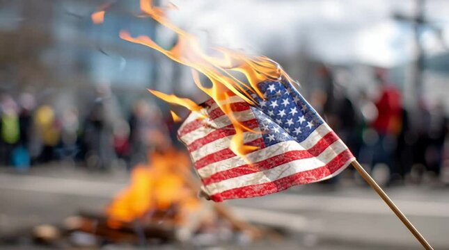An american flag is burning while a protest rages in the background