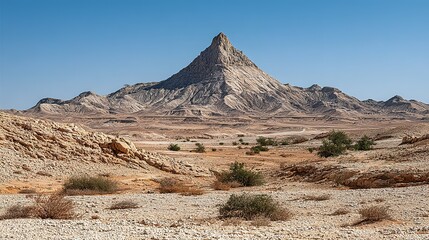 A desert landscape with a prominent peak.