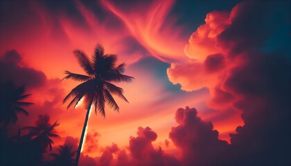 Palm tree silhouette contrasts warm swirling sky in tropical evening with romantic pastel tones and dreamy light