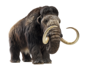 Prehistoric mammoth stands majestically, showcasing its long tusks and thick fur. This ancient creature evokes sense of wonder and curiosity about past