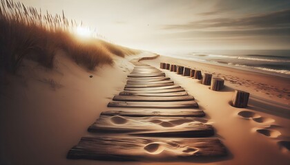 Weathered wood path curves gently toward sea horizon with sandy footprints and soft warm lighting in peaceful coastal setting