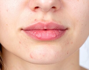 Fototapeta premium A close-up image of herpes on the lips, showing small clusters of blisters or sores, typically around the edge of the lips or corner of the mouth, symptoms of a herpes simplex virus.