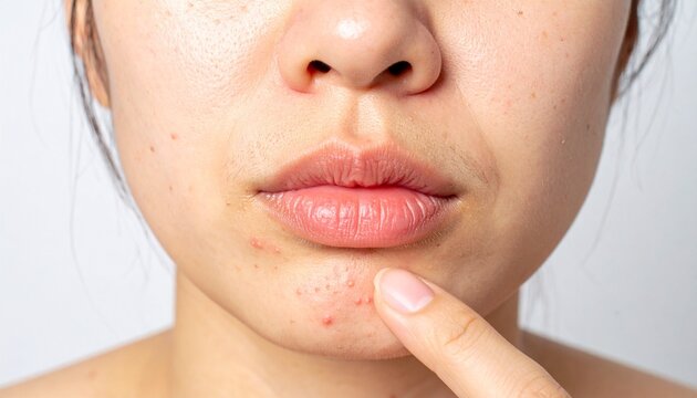 A close-up image of herpes on the lips, showing small clusters of blisters or sores, typically around the edge of the lips or corner of the mouth, symptoms of a herpes simplex virus.