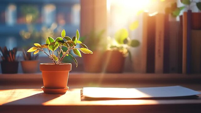 A vibrant green plant in a terracotta pot basking in sunlight on a wooden table by a window