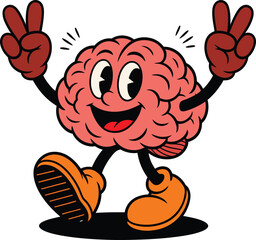 Vector art of a happy cartoon brain character makes a peace sign with both hands
