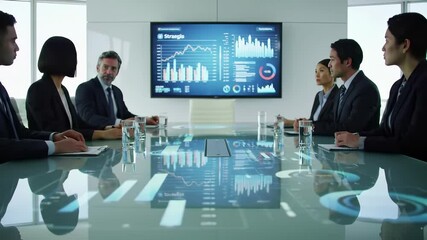 Business executives meeting in modern boardroom with interactive digital dashboard analytics charts graphs data visualization. Corporate strategy planning conference table reflection technology - Powered by Adobe