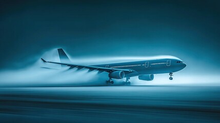 Obraz premium Jet landing snowy runway, night; blizzard backdrop, travel