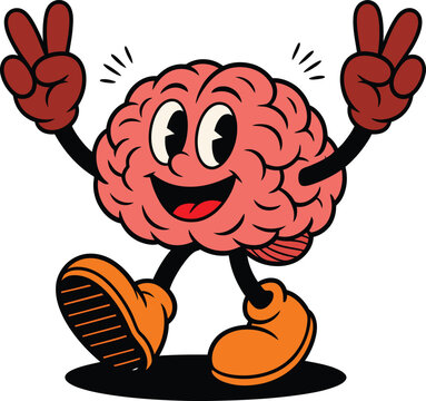 Vector art of a happy cartoon brain character makes a peace sign with both hands