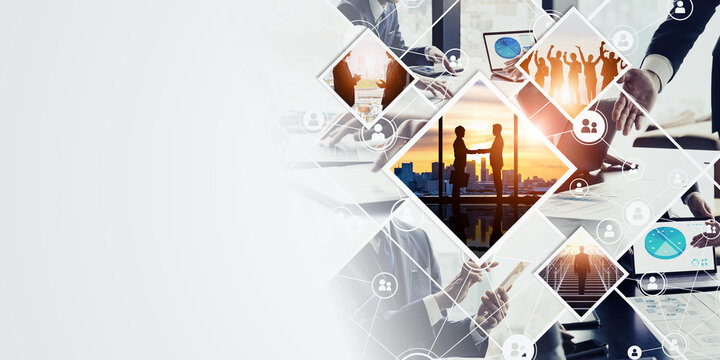 様々なビジネスシーンのコラージュ　バナー・広告向け横長ビジュアル