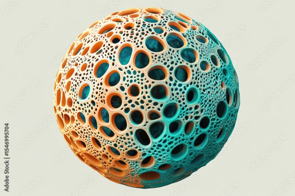 Fototapete abstract sphere with intricate, porous structure in teal and orange hues. detailed 3d model showcasi