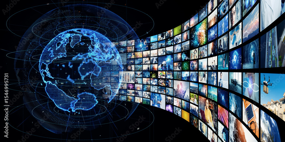 Poster a collage of global networks and video technology. wide angle visual for banners or advertisements.