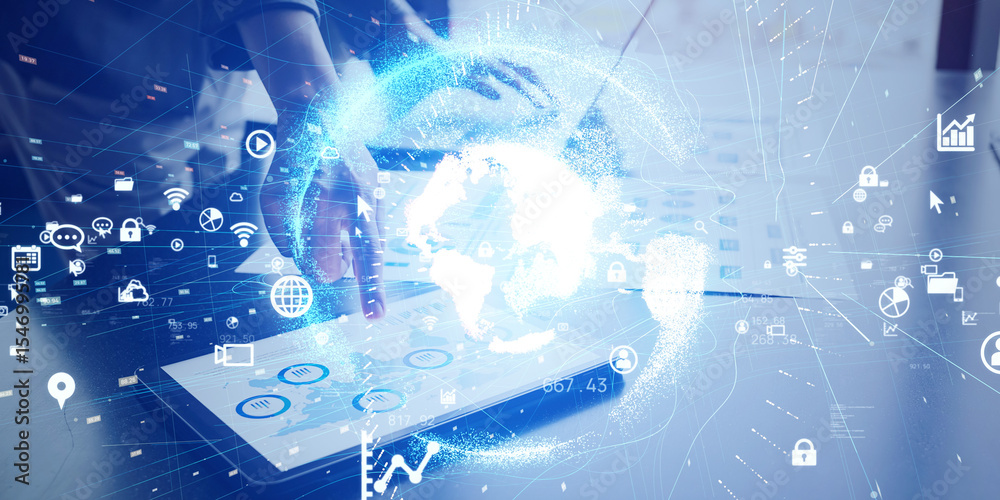 Poster concept of business people using tablets and global networks. wide angle visual for banners or adver