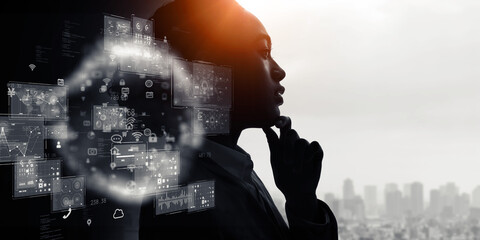 Collage of thinking woman and digital technology. Wide angle visual for banners or advertisements.
