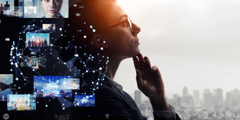 Collage of a thinking woman and video technology. Wide angle visual for banners or advertisements.