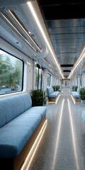 Fototapeta premium Modern Subway Car Interior Clean Empty Plants LED Lighting