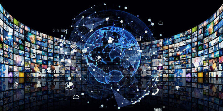 A collage of global networks and video technology. Wide angle visual for banners or advertisements.