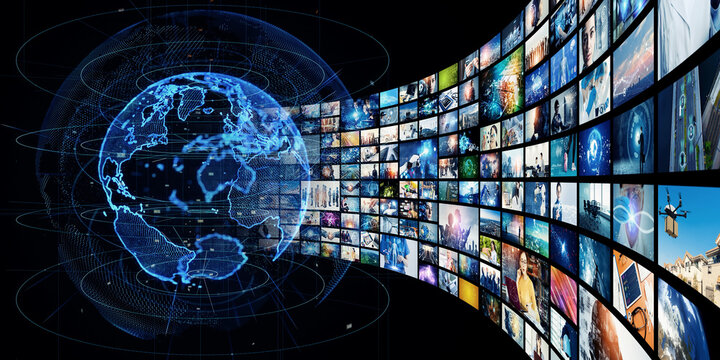 A collage of global networks and video technology. Wide angle visual for banners or advertisements.